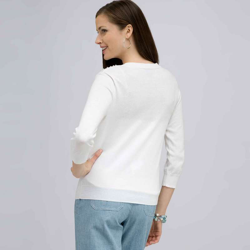 Beaded 3/4 Sleeve Cardigan., White, large